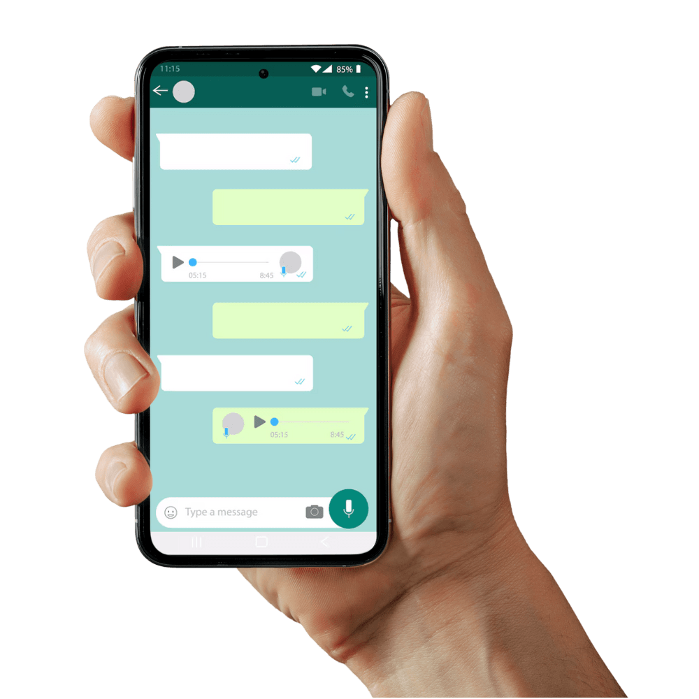 Smartphone showing a WhatsApp chat with an AI assistant for school admissions